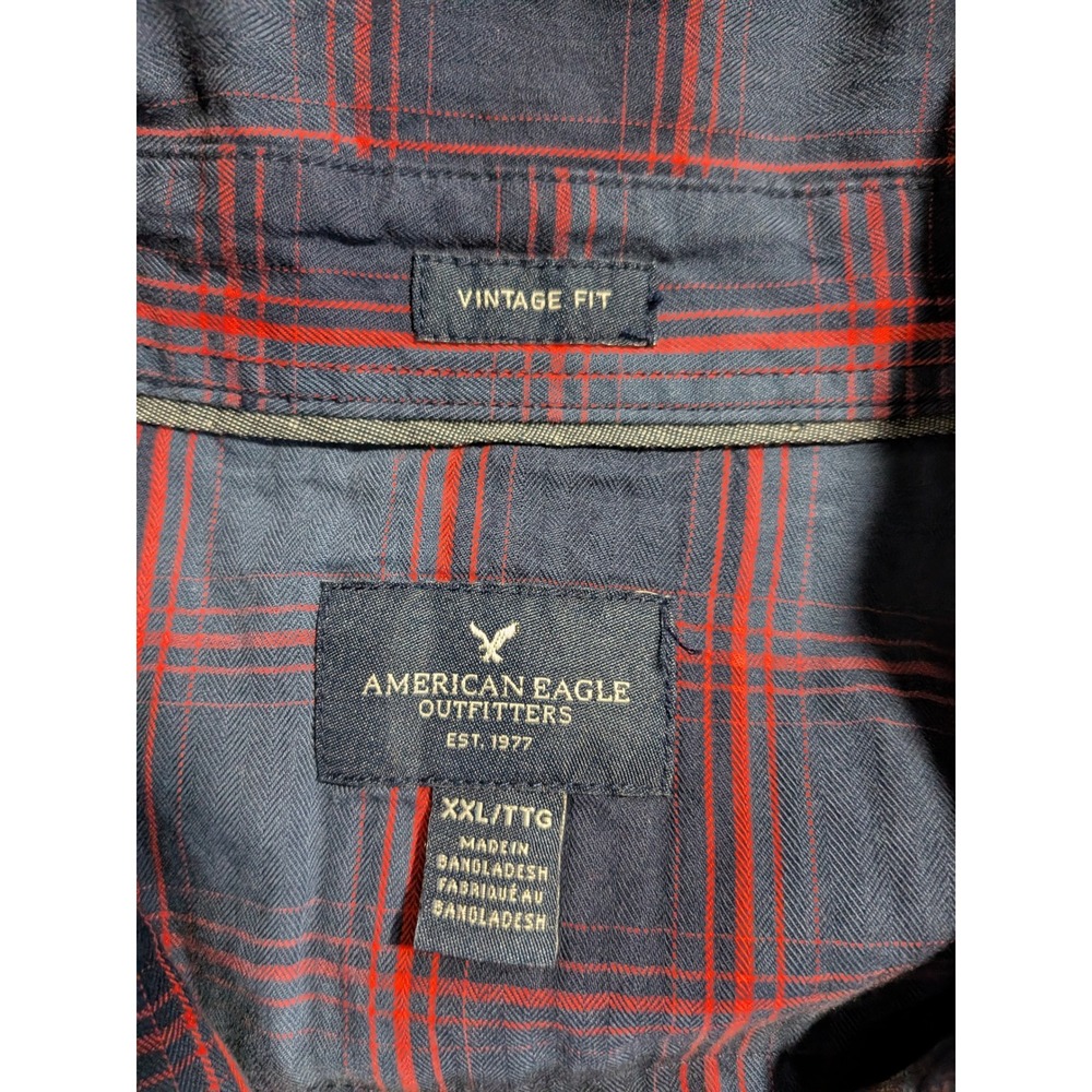 American Eagle Mens XXL Navy Red Plaid Western Pearl Snap Vintage Fit Shirt - Picture 2 of 8